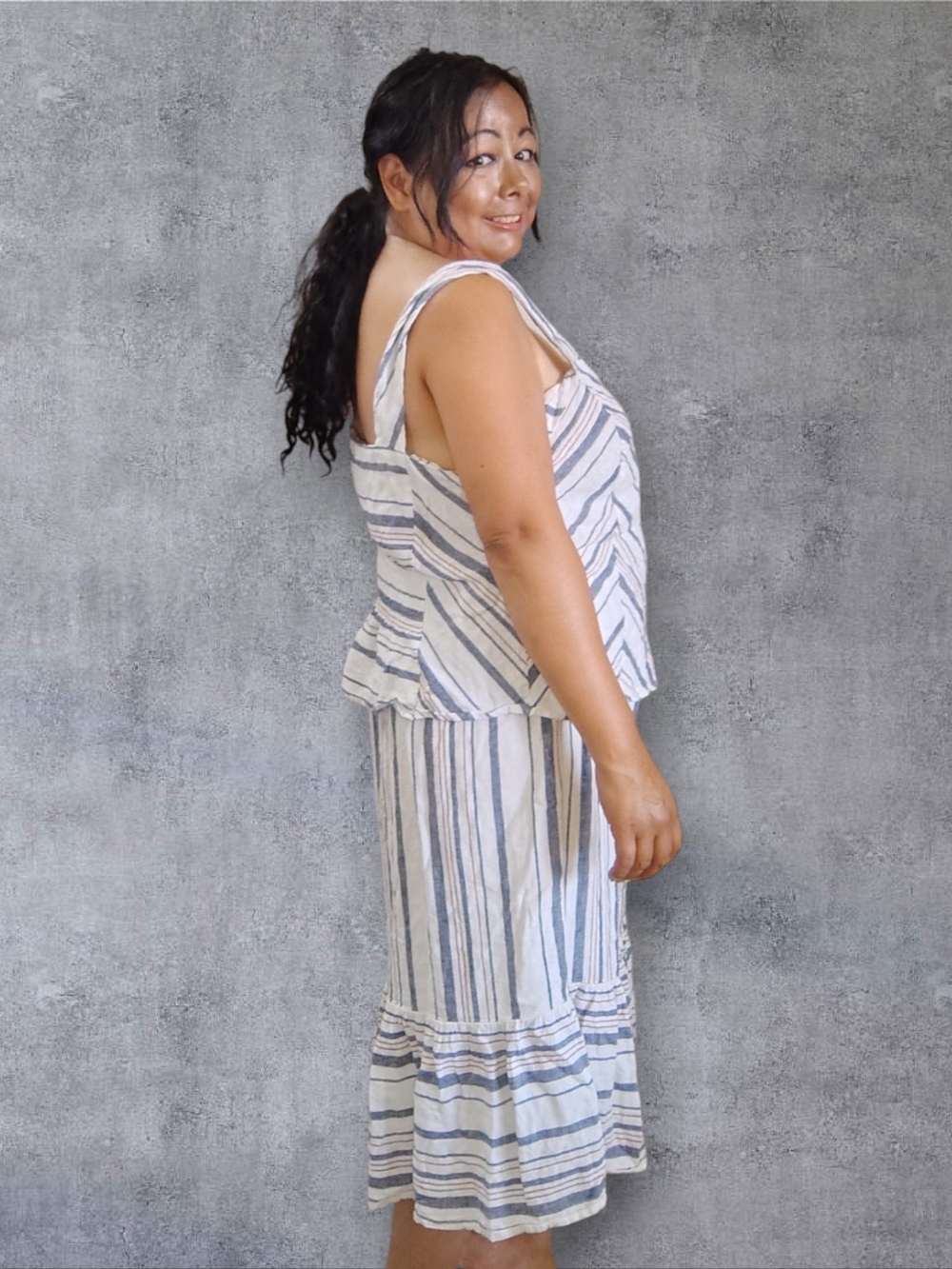 Reitmans Blue and White Striped Midi Dress with Ruffle Hem - Picture 3 of 6